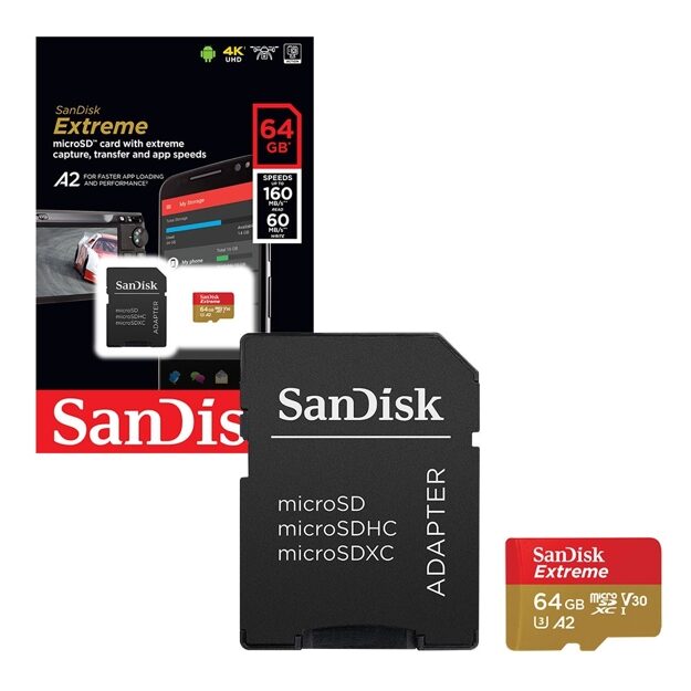 Карта памяти 64Gb - SanDisk MicroSD Extreme Class 10 SDSQXA2-064G-GN6MA с переходником под SD